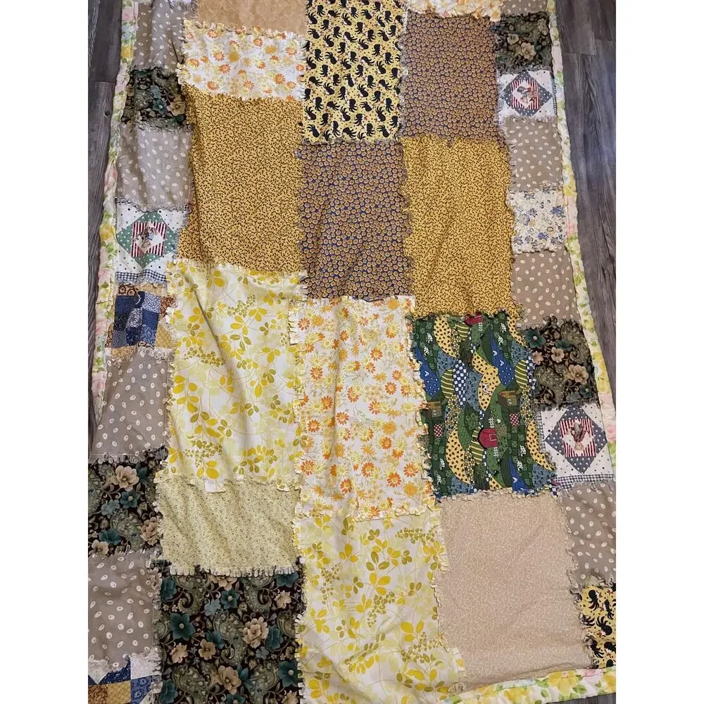 Handmade Patchwork Quilt Blanket Yellow Floral Multicolor Country Rag Throw